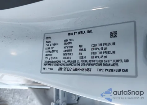 2023 Tesla Model 3 Rear-Wheel Drive z USA, uszkodzony, nr VIN 5YJ3E1EA6PF489487